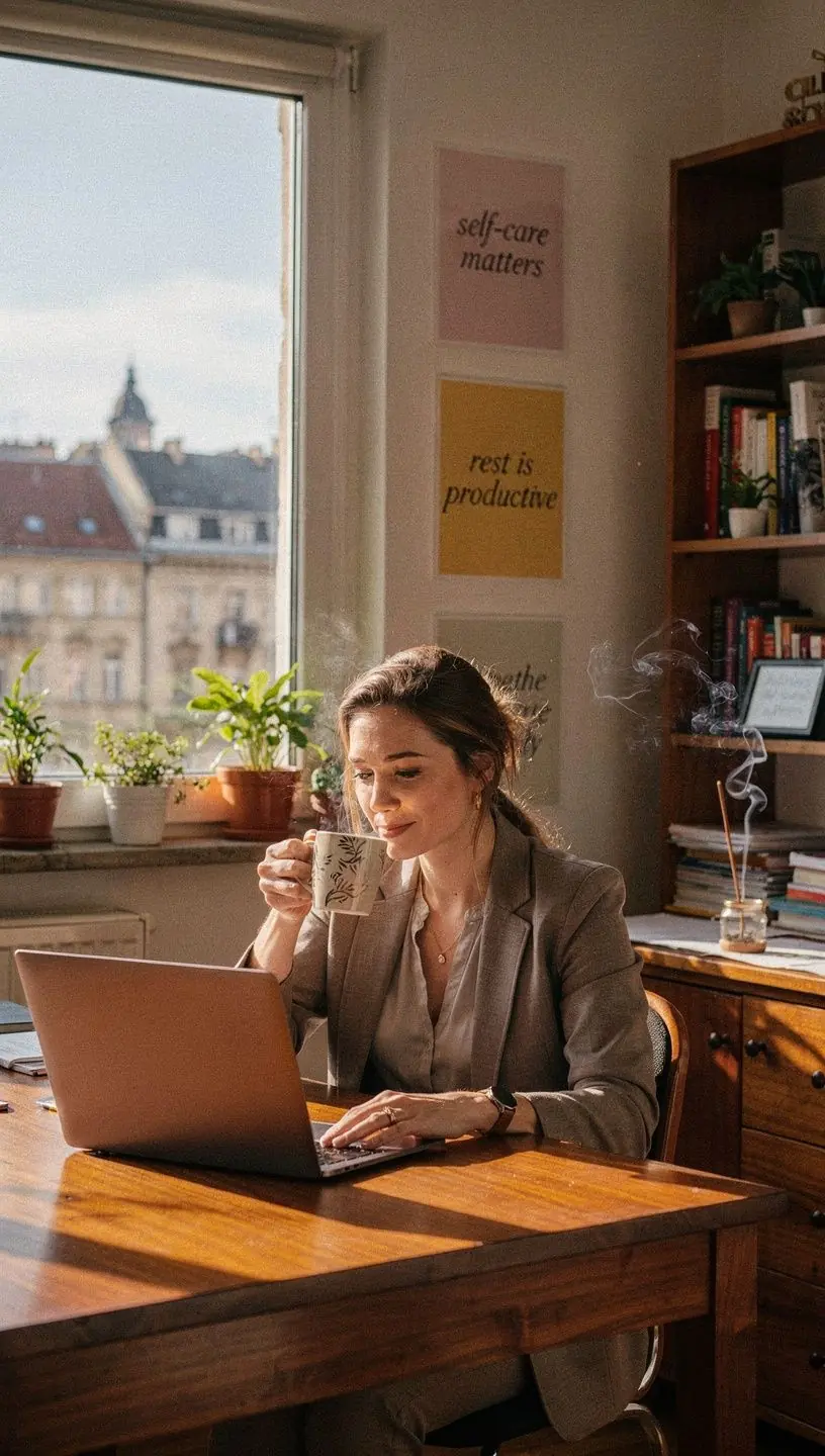 Lassított mozgású képek egy egészségtudatos emberről, aki teázás közben nyújtózik.